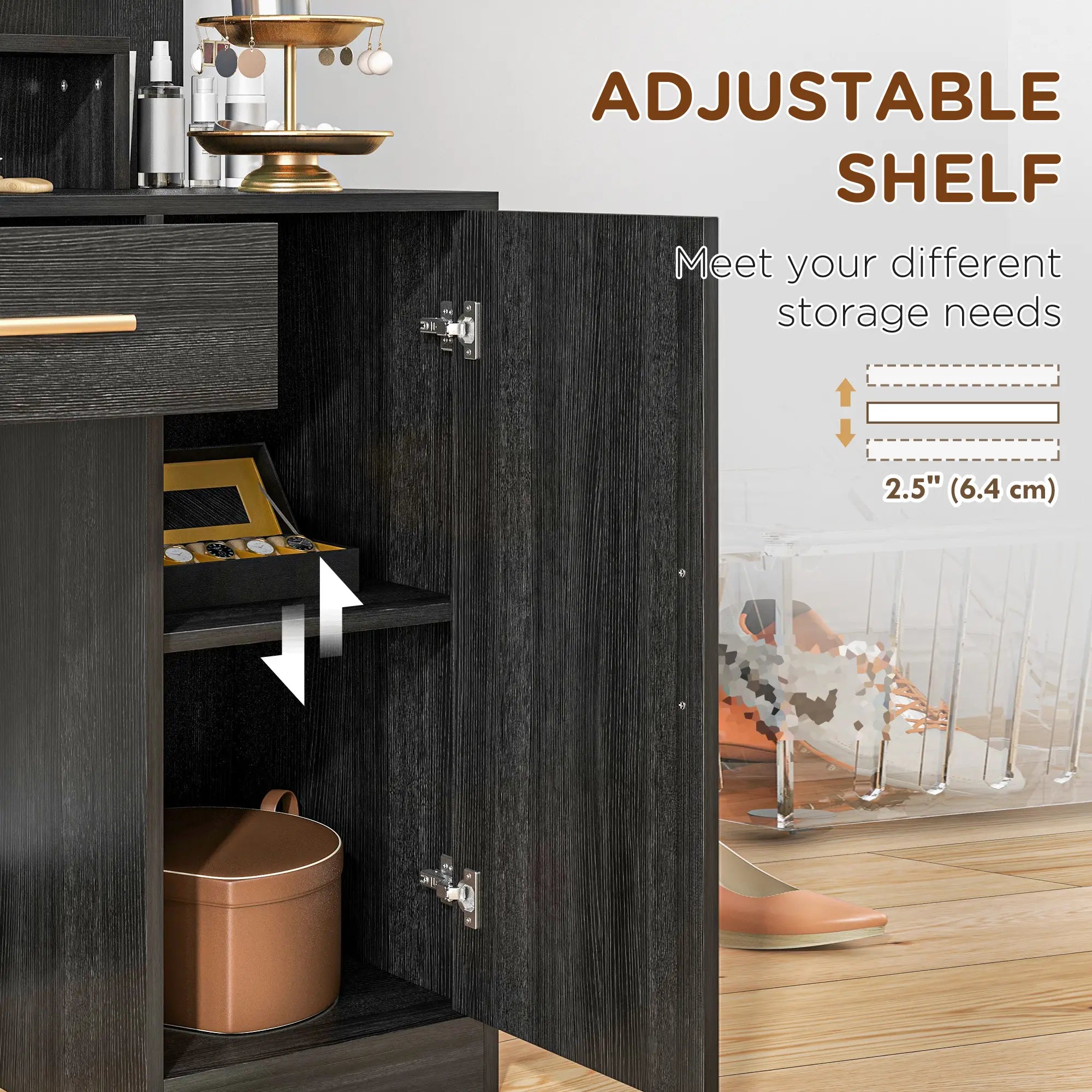 LED Vanity Table Set with Stool, Mirror, Drawer, Cabinet Shelves Dressing & Vanity Tables at Gallery Canada