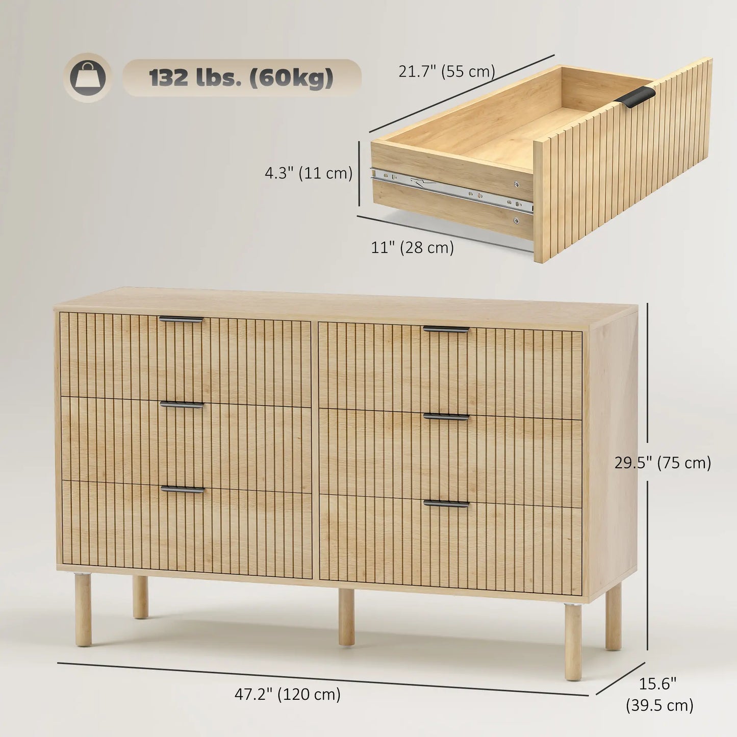 6 Drawer Dresser, Fluted Panels, Solid Wood Legs, Oak Storage Cabinets at Gallery Canada