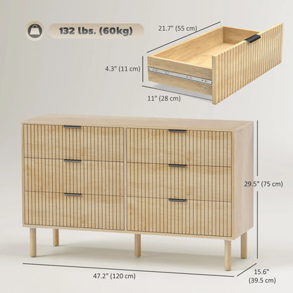 6 Drawer Dresser, Fluted Panels, Solid Wood Legs, Oak Storage Cabinets at Gallery Canada