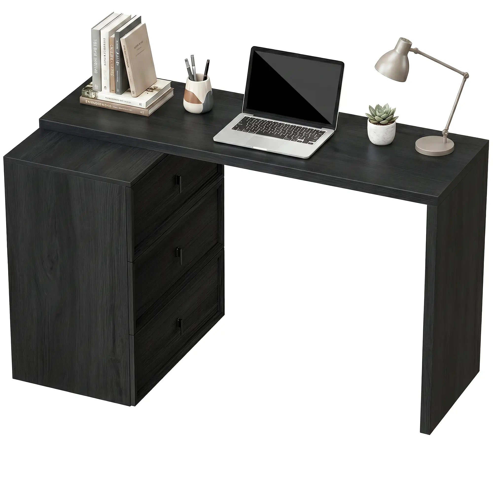 L-Shaped Computer Desk, 3 Drawers, Black Wood Grain, Black Computer Desks at Gallery Canada