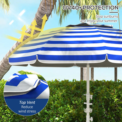 5.7' Travel Beach Umbrella, Adjustable Height, Blue and White