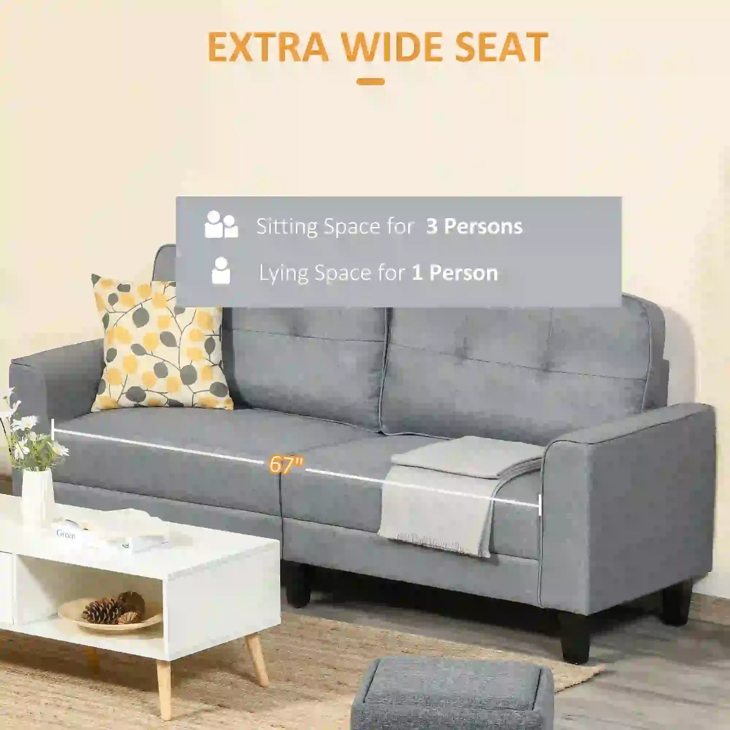 3-Seater Sofa, Mid-Century Linen Couch, Upholstered Seat, Gray 3-Seater Sofas at Gallery Canada