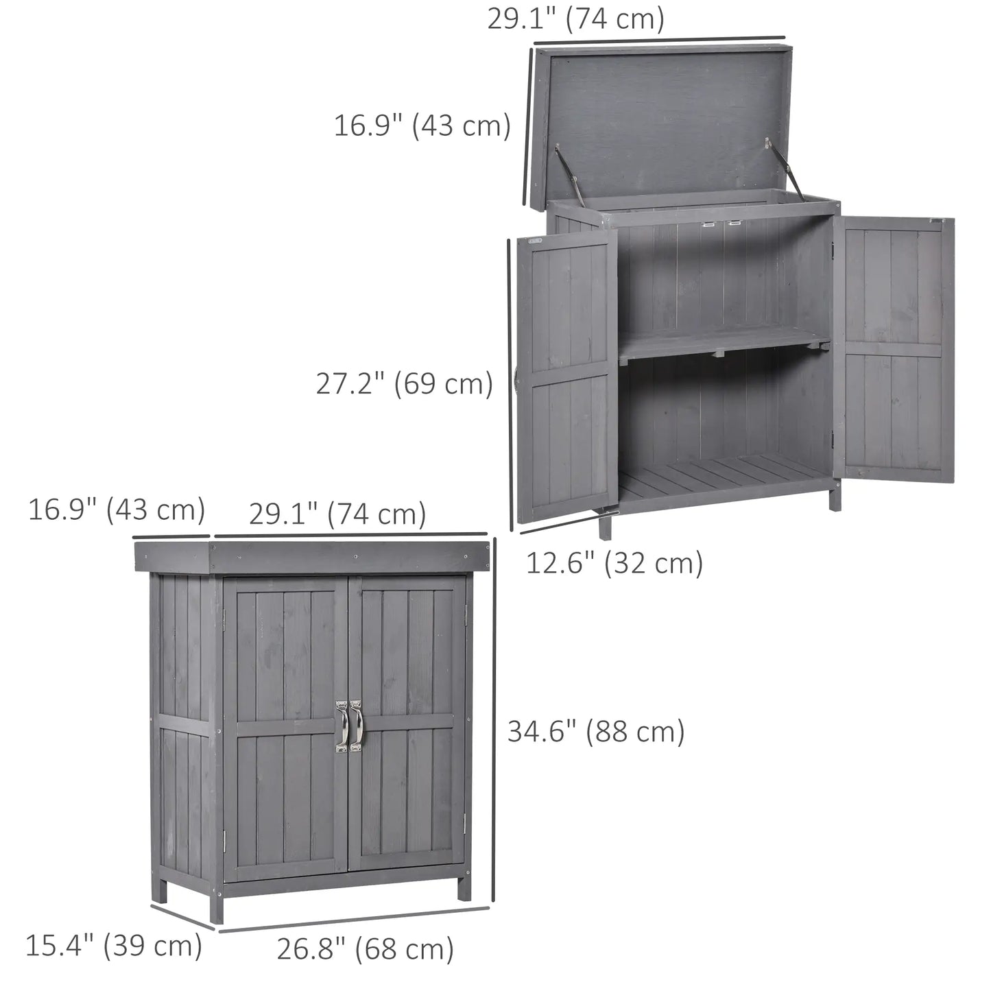 Wooden Garden Tool Shed, Hinged Roof, 2-Tier Shelves, Double Doors, 74x43x88cm, Dark Grey Sheds at Gallery Canada