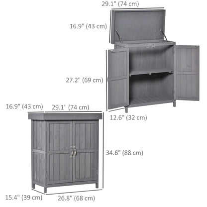 Wooden Garden Tool Shed, Hinged Roof, 2-Tier Shelves, Double Doors, 74x43x88cm, Dark Grey Sheds at Gallery Canada
