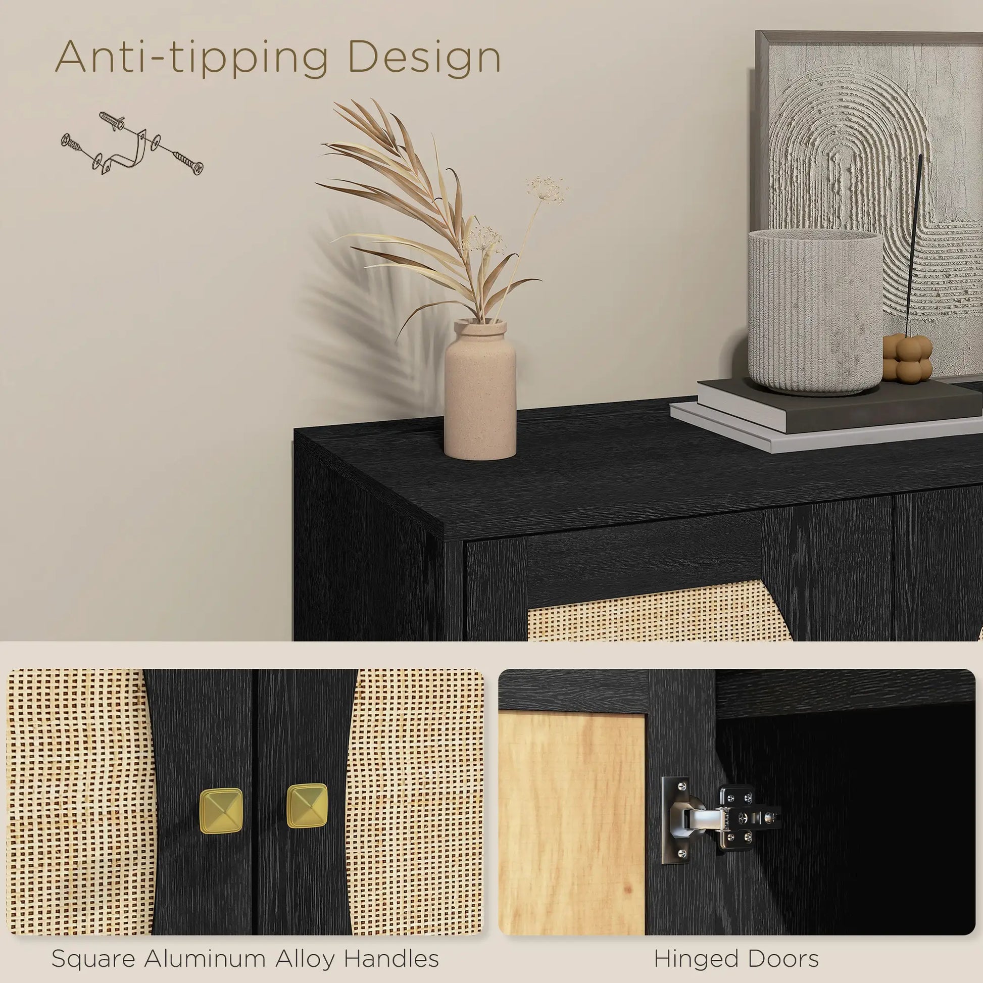 Boho Buffet Cabinet, Adjustable Shelf, Rattan Doors, 42 Inches, Black Kitchen Pantry Cabinets at Gallery Canada