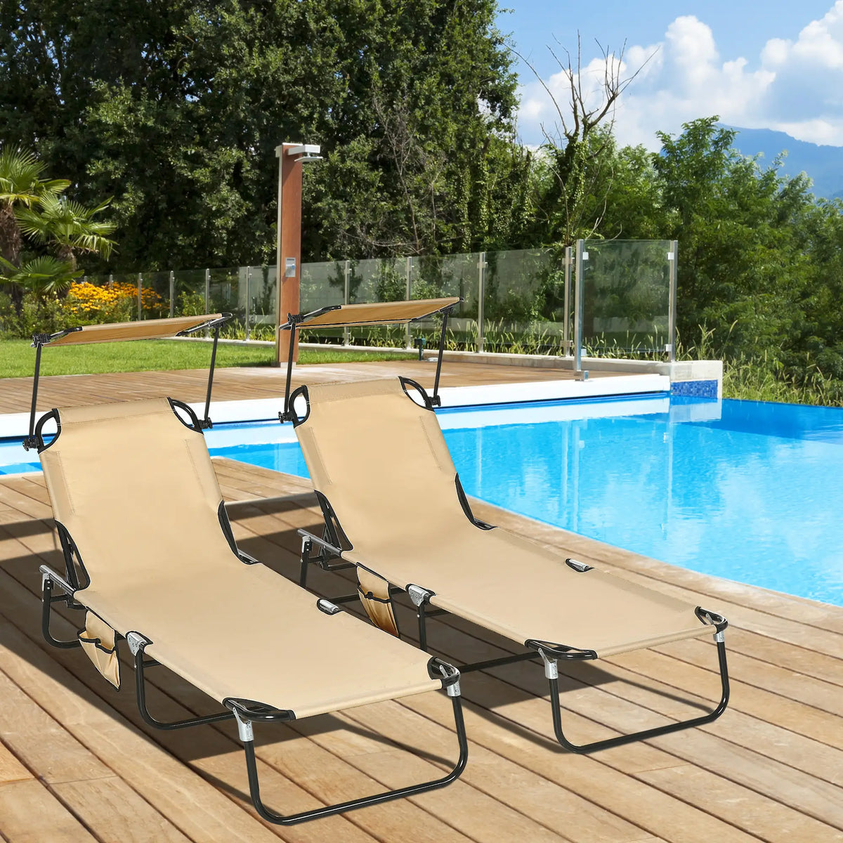 2 Piece Folding Chaise Lounges, Reclining Back, Sunshade, Pool, Beach, Patio