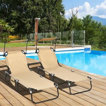 2 Piece Folding Chaise Lounges, Reclining Back, Sunshade, Pool, Beach, Patio