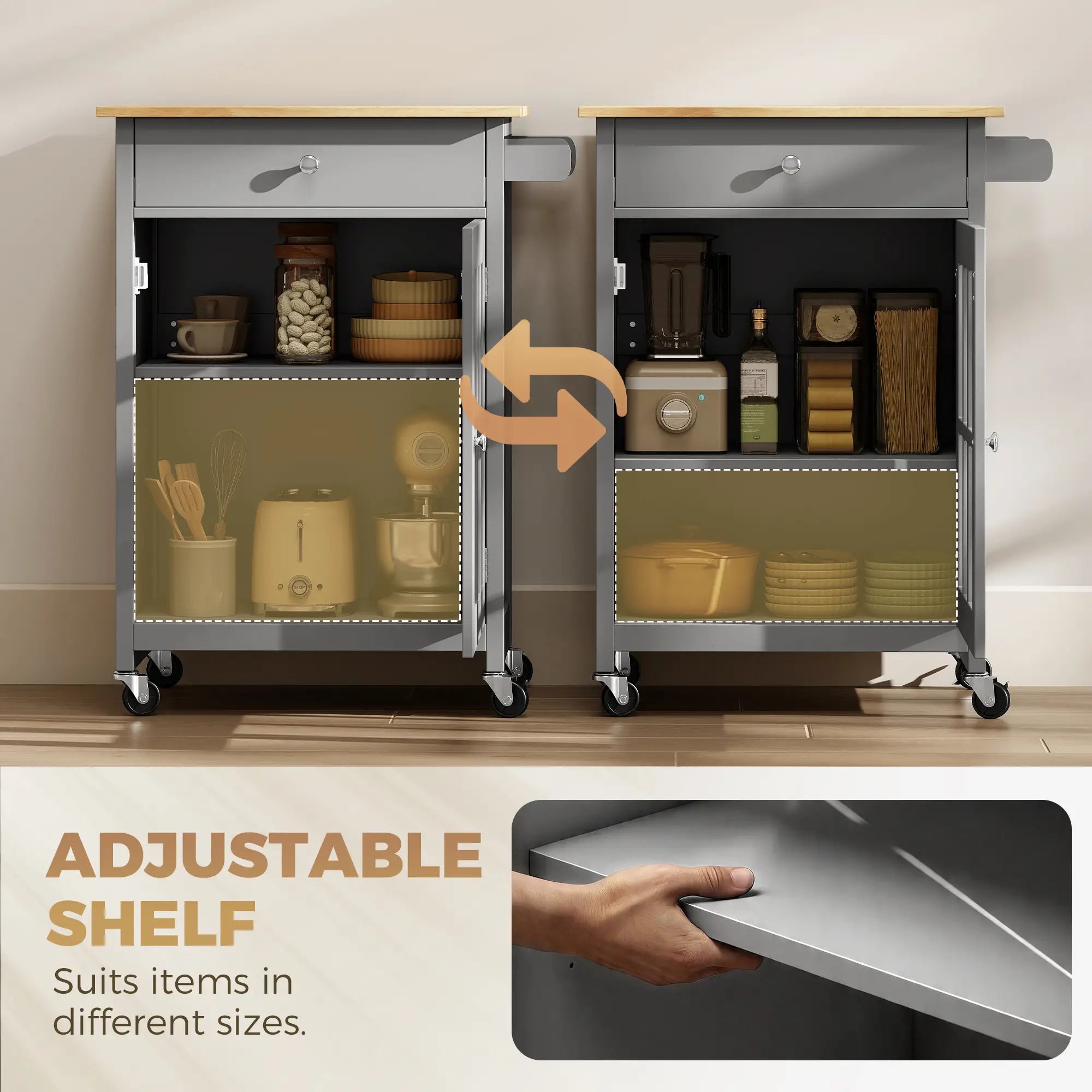 Rolling Kitchen Cart with Drawer and Glass Door Cabinet, Kitchen Island on Wheels with Towel Rack, Dark Grey Kitchen Islands & Kitchen Carts at Gallery Canada