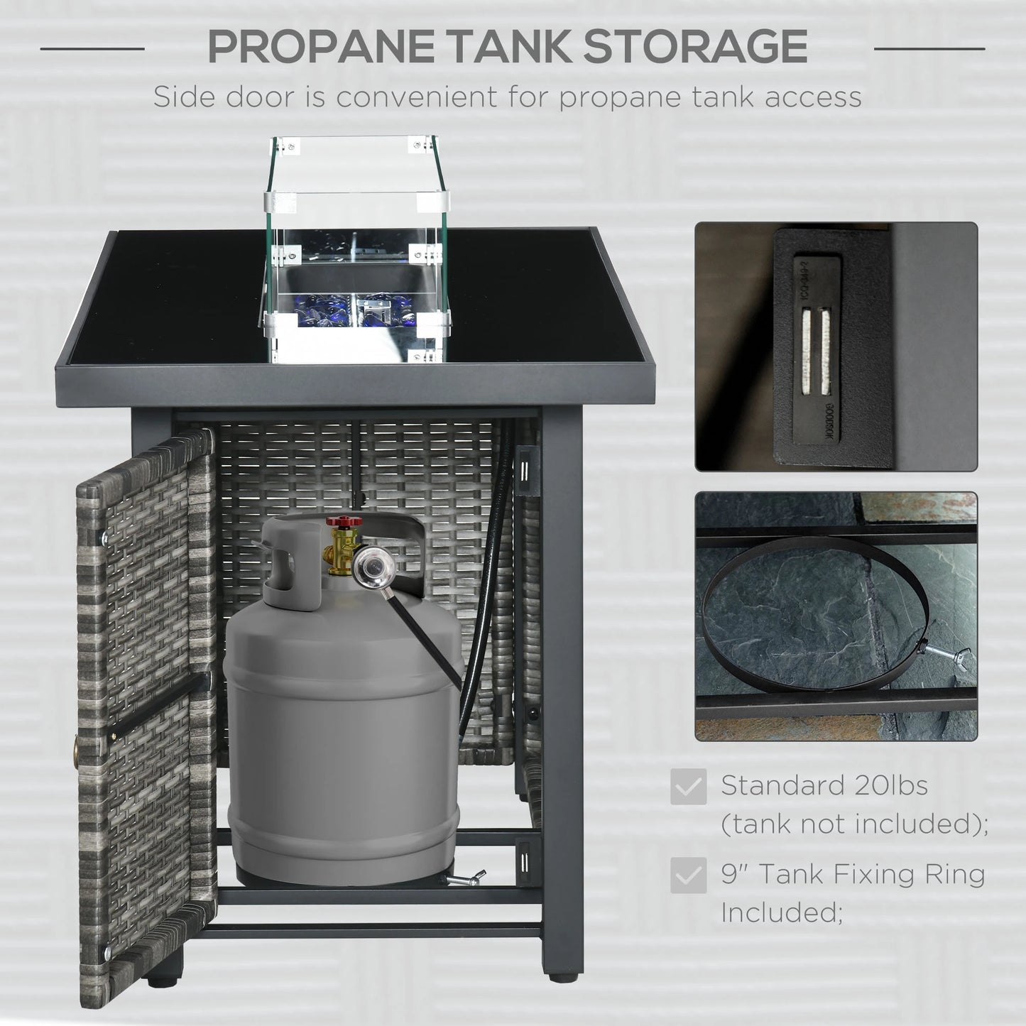 43" Propane Fire Pit Table, 50,000 BTU, Blue Glass Rock, Grey Fire Pits at Gallery Canada