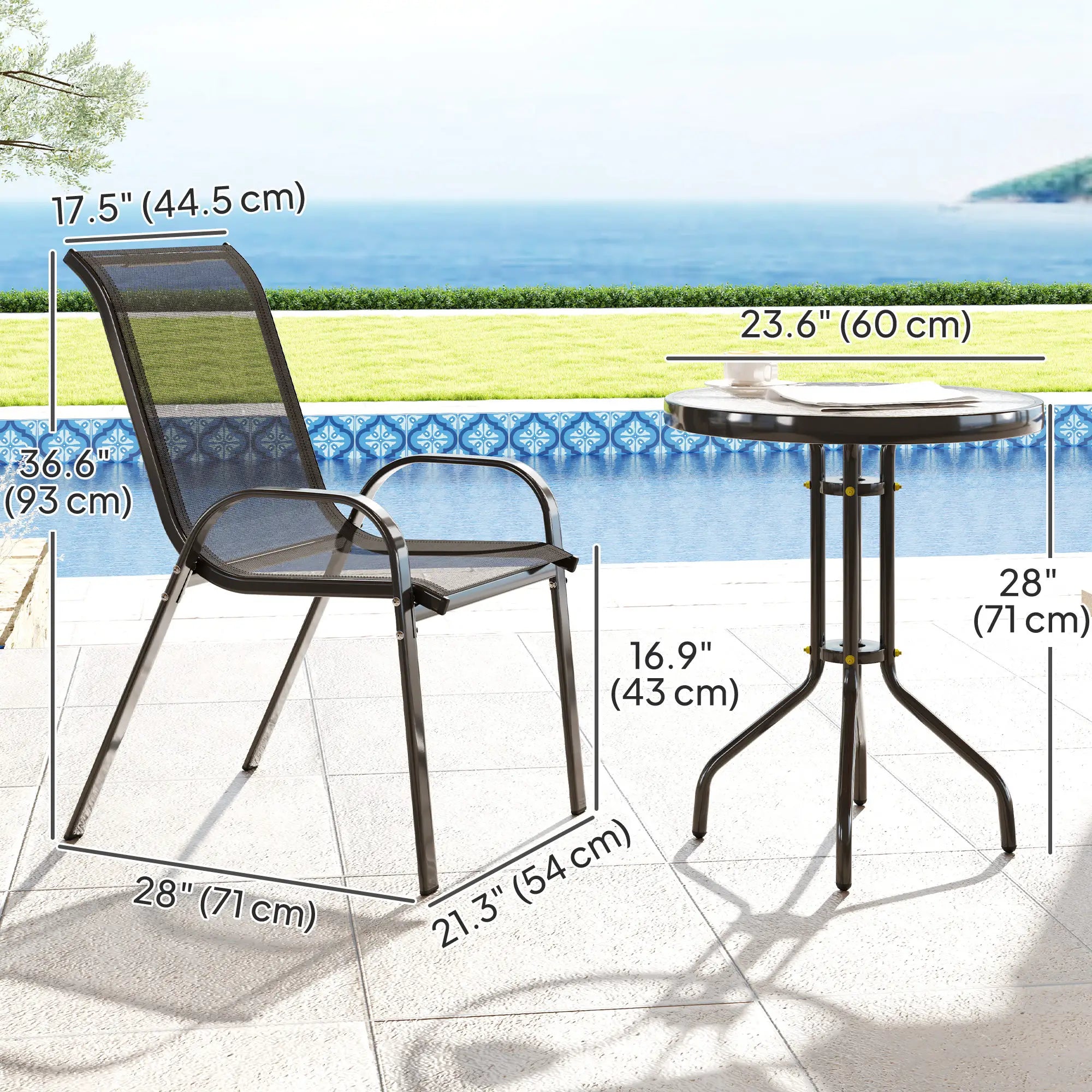 3 Piece Bistro Set, Stackable Mesh Chairs, Glass Table, Black Bistro Sets at Gallery Canada