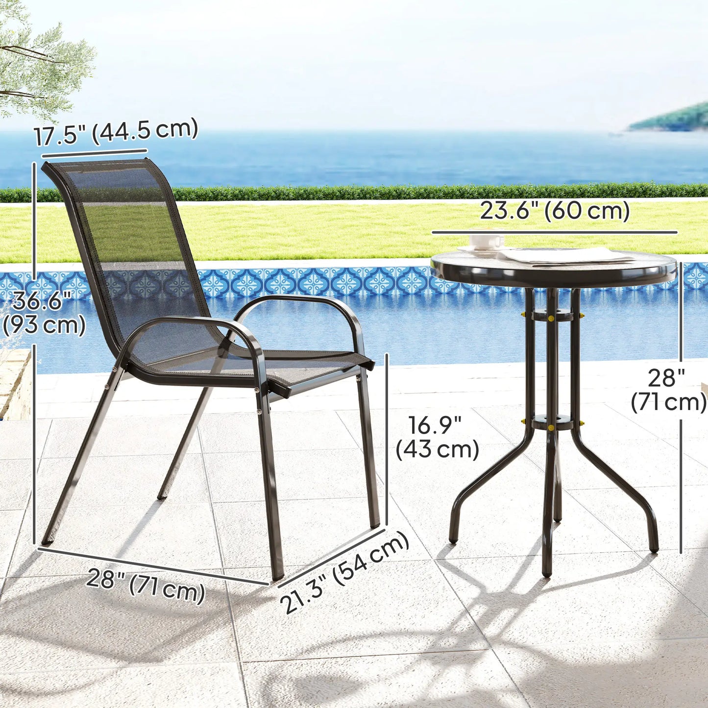 3 Piece Bistro Set, Stackable Mesh Chairs, Glass Table, Black Bistro Sets at Gallery Canada