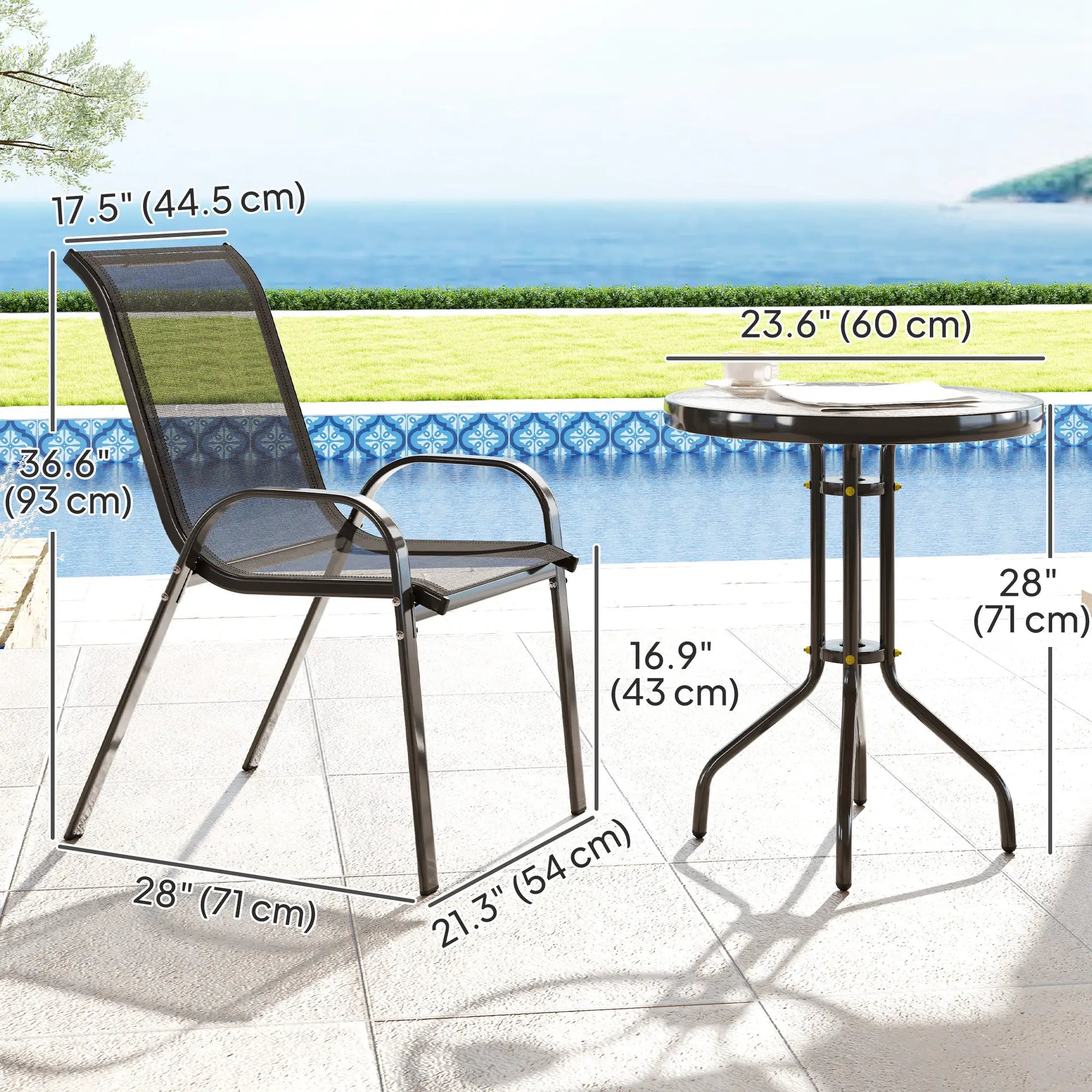 3 Piece Bistro Set, Stackable Mesh Chairs, Glass Table, Black Bistro Sets at Gallery Canada