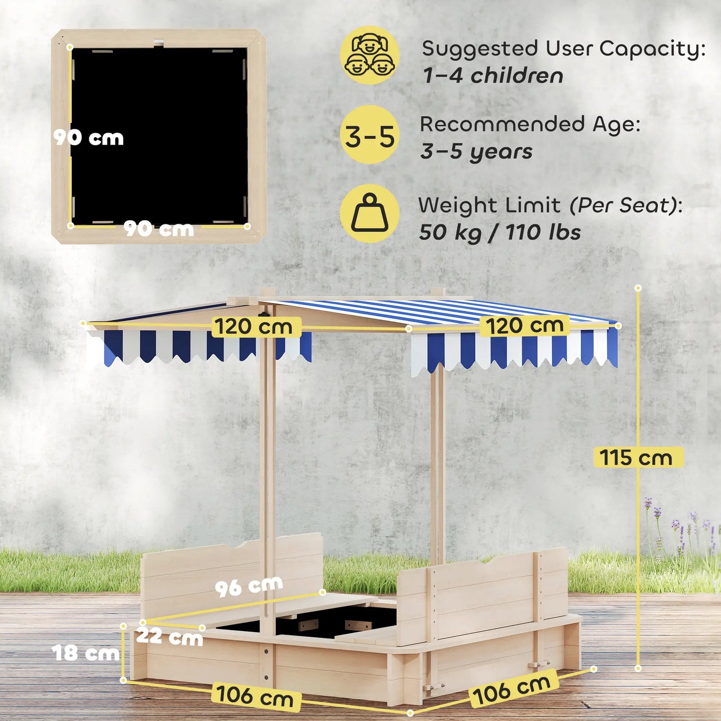Kids Wooden Sandbox, Outdoor Playset, Adjustable Canopy, Convertible Bench, 3-7 Years Sandboxes & Accessories at Gallery Canada