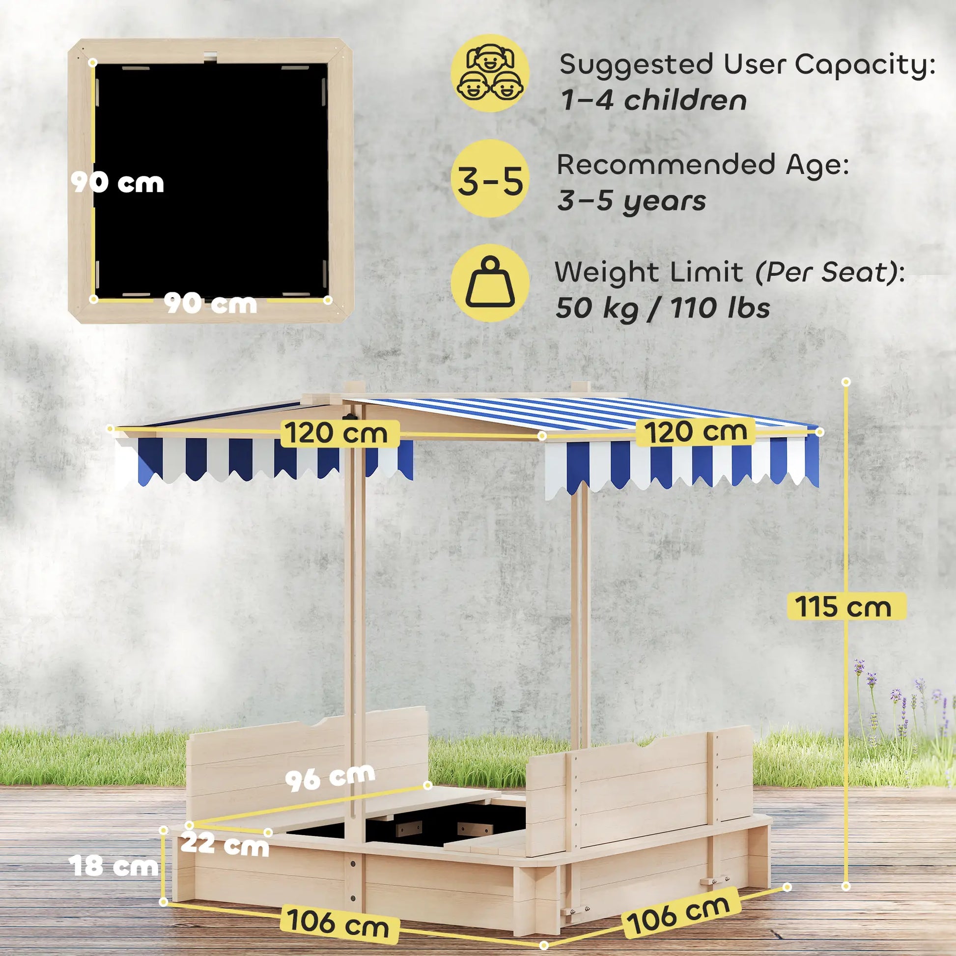 Kids Wooden Sandbox, Outdoor Playset, Adjustable Canopy, Convertible Bench, 3-7 Years Sandboxes & Accessories at Gallery Canada