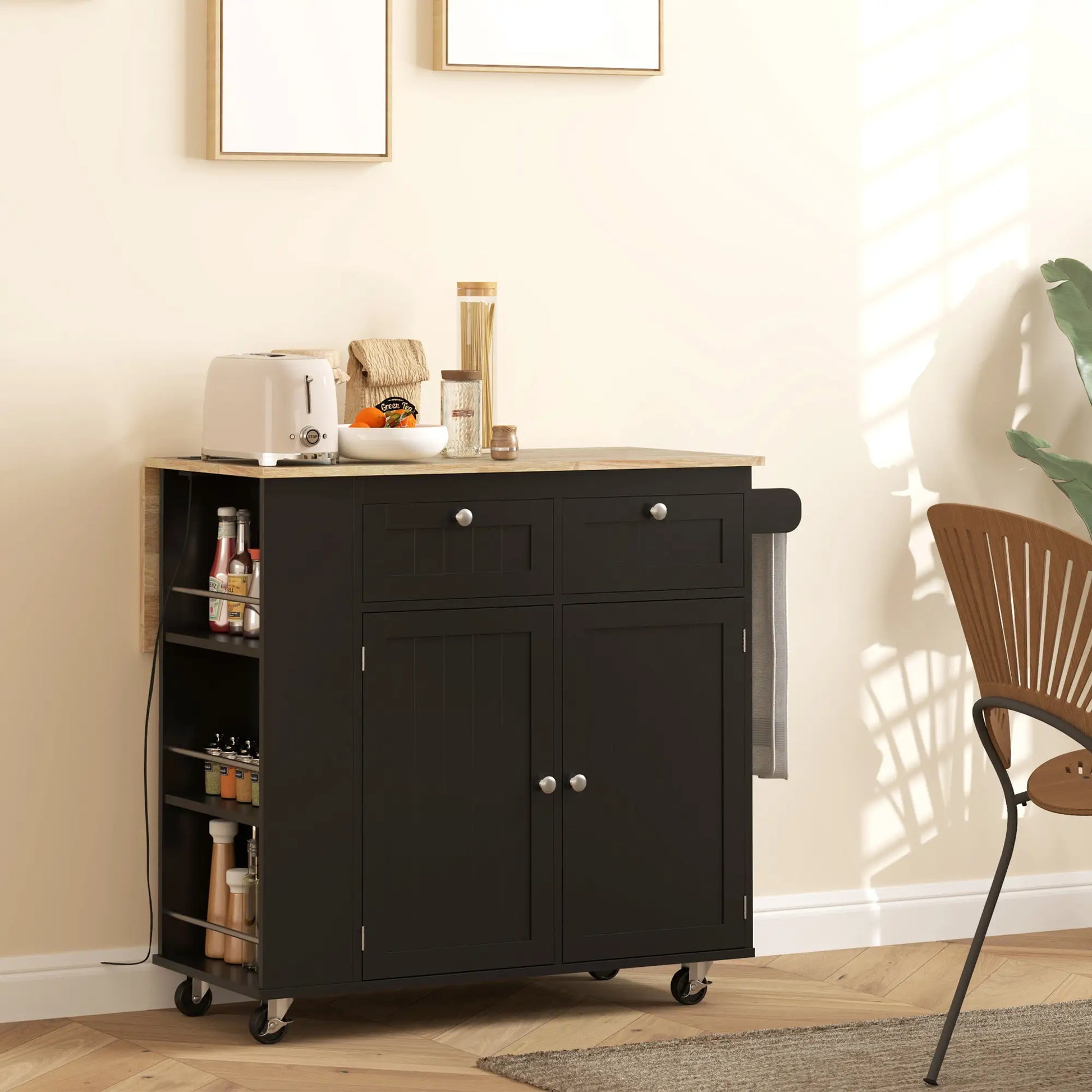 Kitchen Island with Power Outlet, Drop Leaf, 2 Drawers, Black Kitchen Islands & Kitchen Carts at Gallery Canada