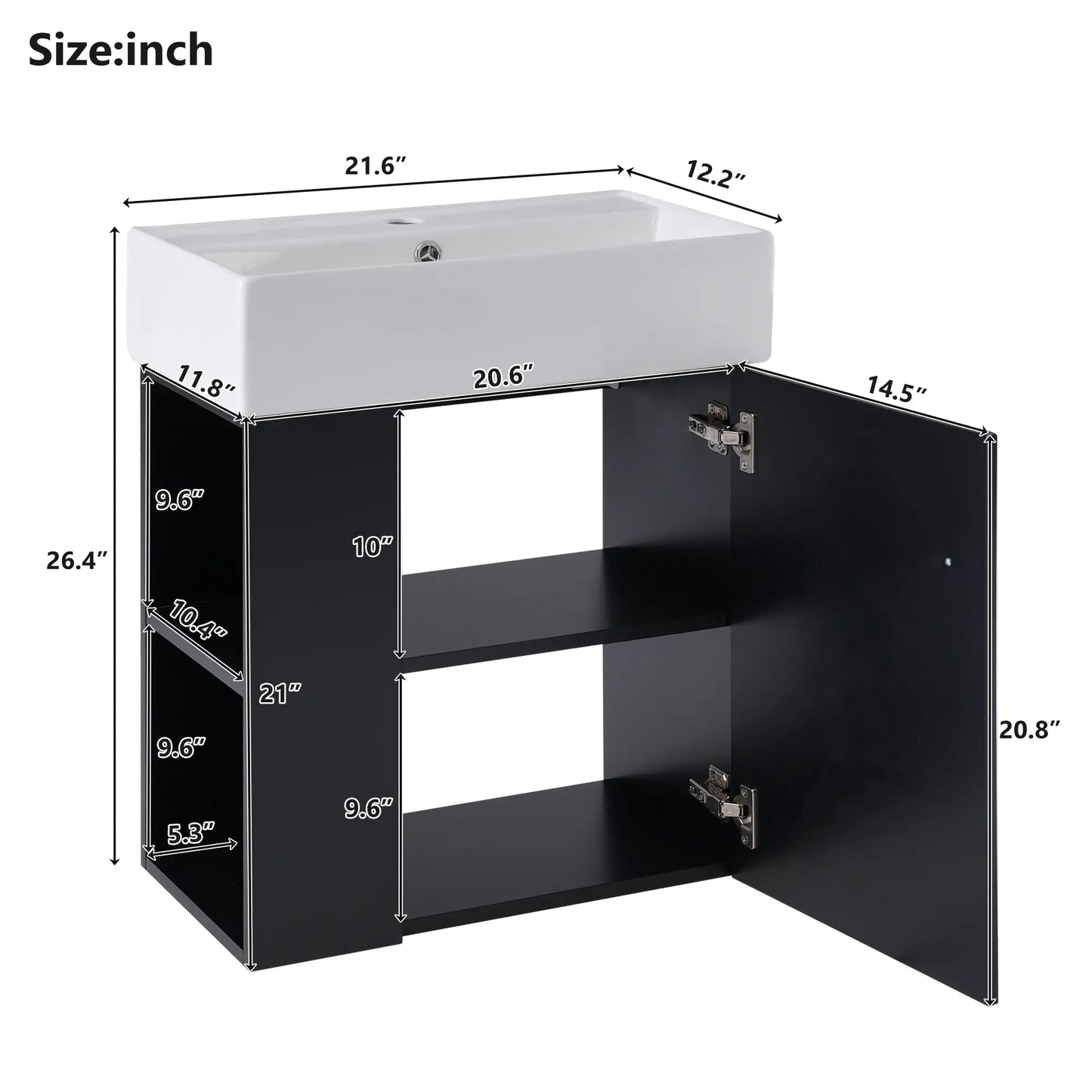 Floating Bathroom Vanity, Ceramic Basin, Side Storage, 21.5" L x 12" W x 26.5" H, Black Sink Cabinets at Gallery Canada