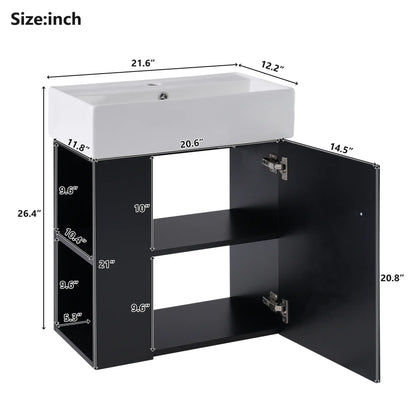 Floating Bathroom Vanity, Ceramic Basin, Side Storage, 21.5" L x 12" W x 26.5" H, Black Sink Cabinets at Gallery Canada