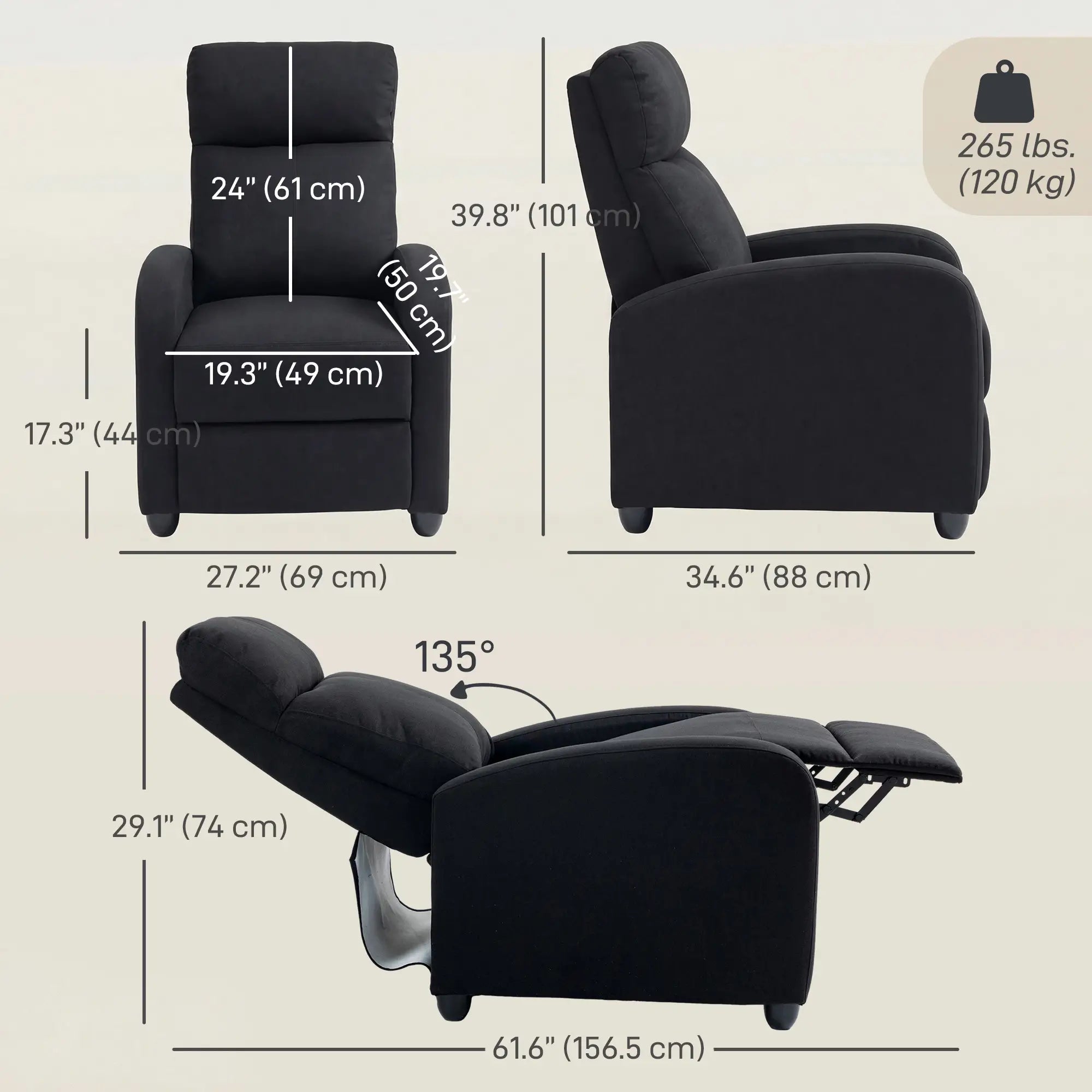 Manual Fabric Recliner Chair, Single Sofa with Padded Seat, Black Single Sofas at Gallery Canada