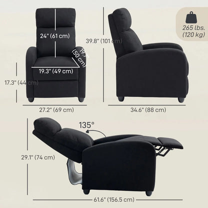 Manual Fabric Recliner Chair, Single Sofa with Padded Seat, Black Single Sofas at Gallery Canada