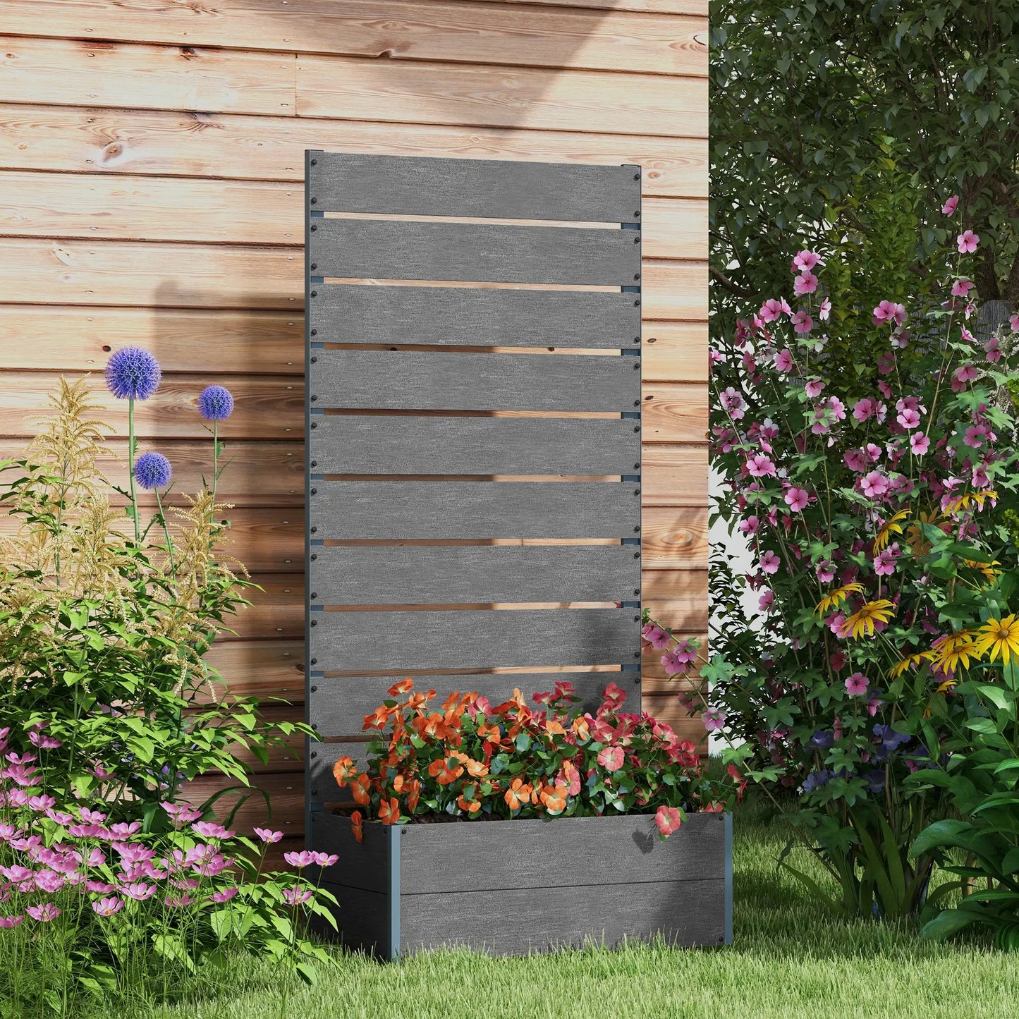 Raised Garden Bed With Trellis, Elevated Planter Box, 28" x 15" x 59", Dark Grey Wooden Planter Boxes at Gallery Canada