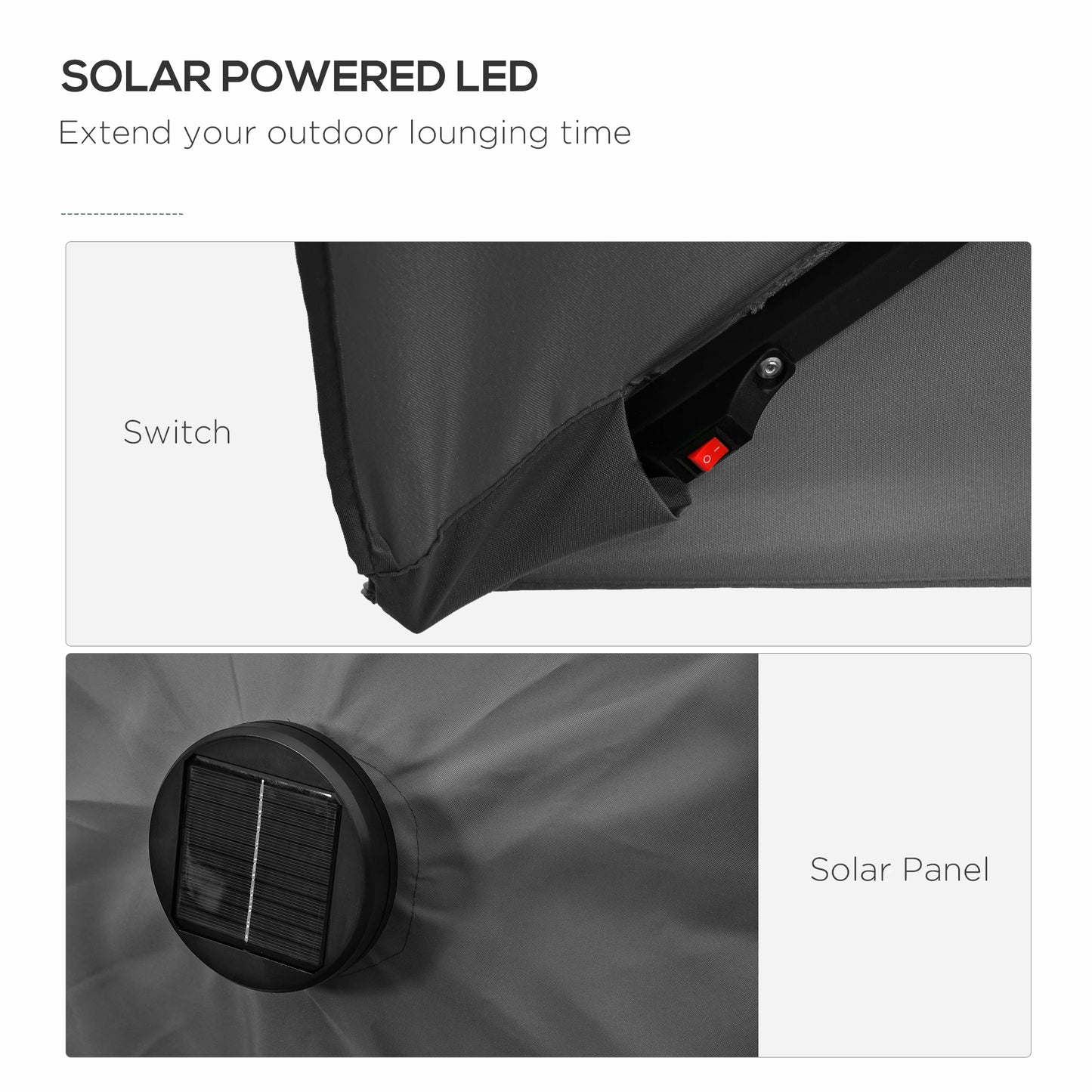 6' x 10' Rectangular Patio Umbrella, 22 LED Solar Lights, Tilt, Crank, Dark Grey Sun Umbrellas at Gallery Canada