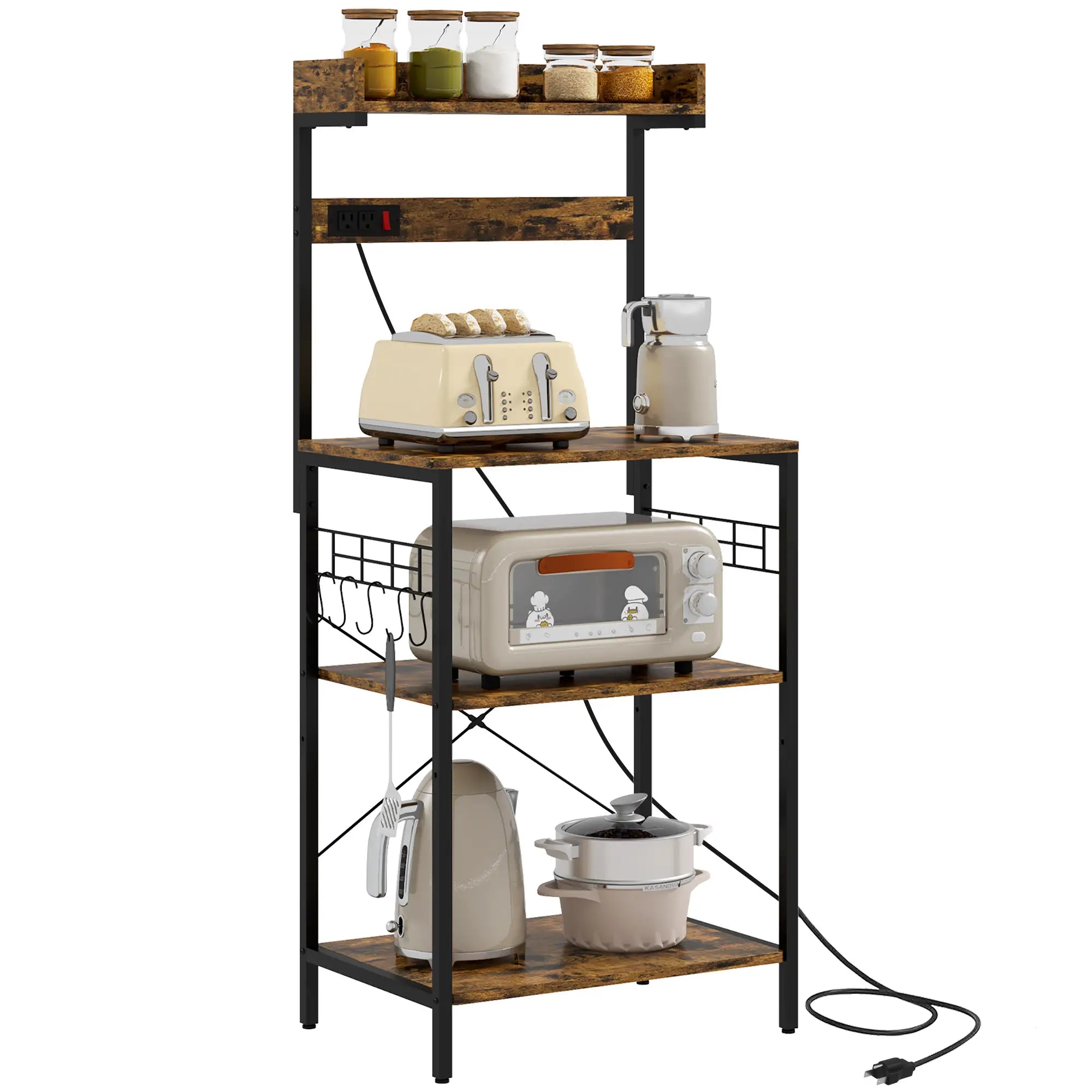 Kitchen Baker's Rack with Power Outlet, Adjustable Shelves, Rustic Brown, Brown Bar Cabinets at Gallery Canada
