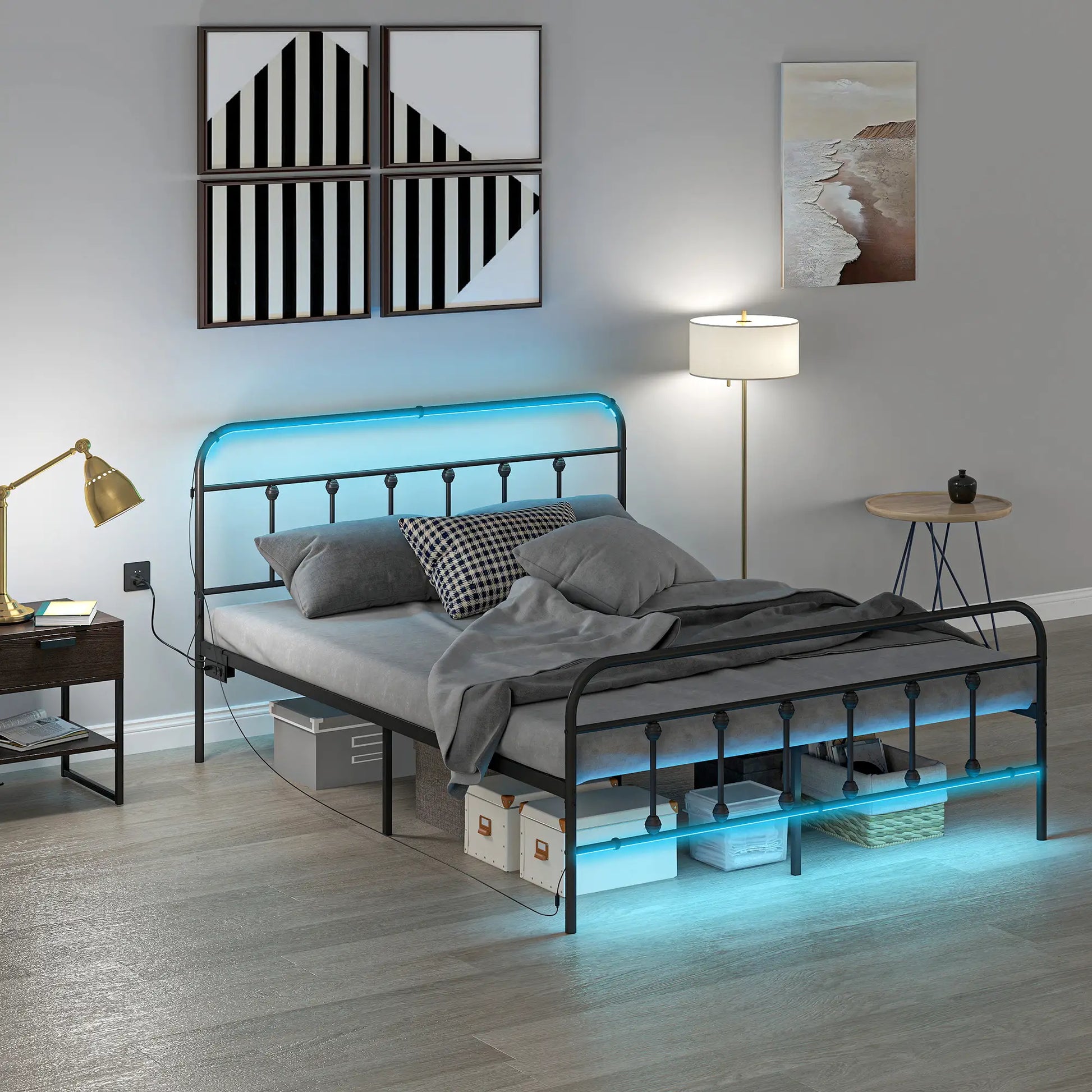 Queen Bed Frame With LED Lights, Charging Station, Under Bed Storage, Black Bed Frames at Gallery Canada