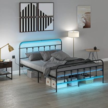 Queen Bed Frame With LED Lights, Charging Station, Under Bed Storage, Black Bed Frames at Gallery Canada