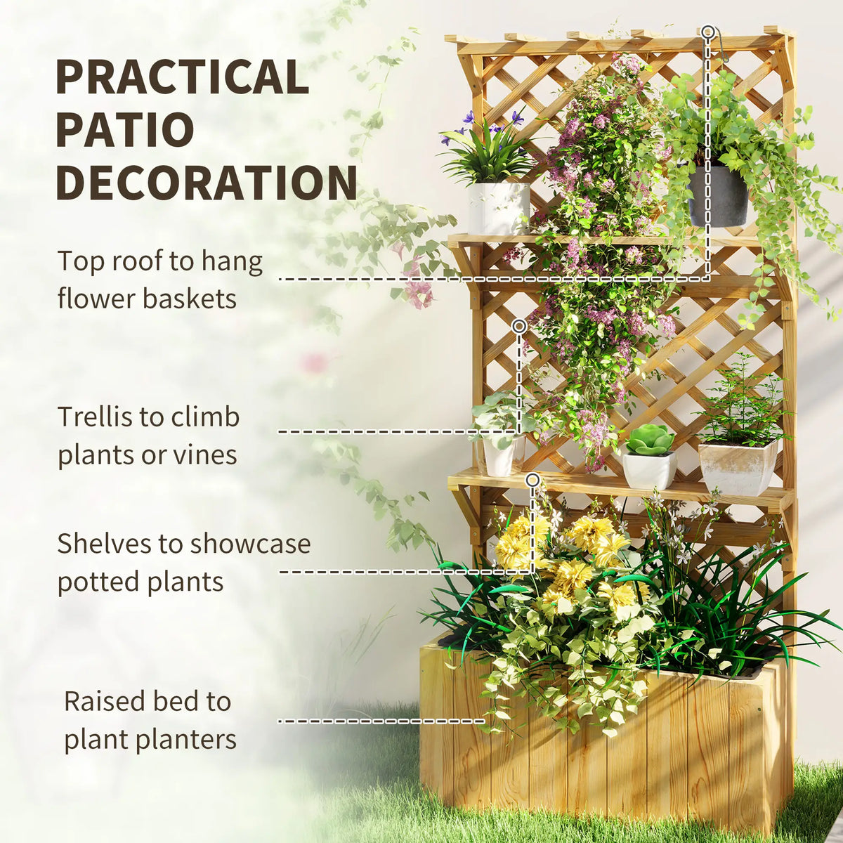 Wooden Raised Garden Bed With Trellis, Hanging Roof, Plant Shelf Wooden Planter Boxes at Gallery Canada