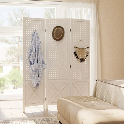 56.9" 3 Panel Wooden Room Divider With Pegboard Display, White Room Dividers at Gallery Canada