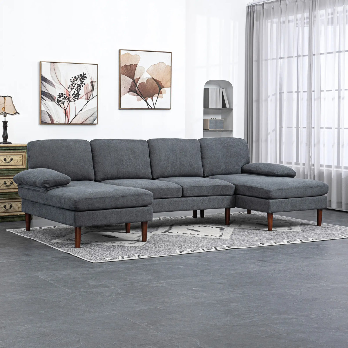 U Shape Couch, Double Chaise Lounge, 4 Seater Sofa, Wooden Legs, Dark Grey 3-Seater Sofas at Gallery Canada