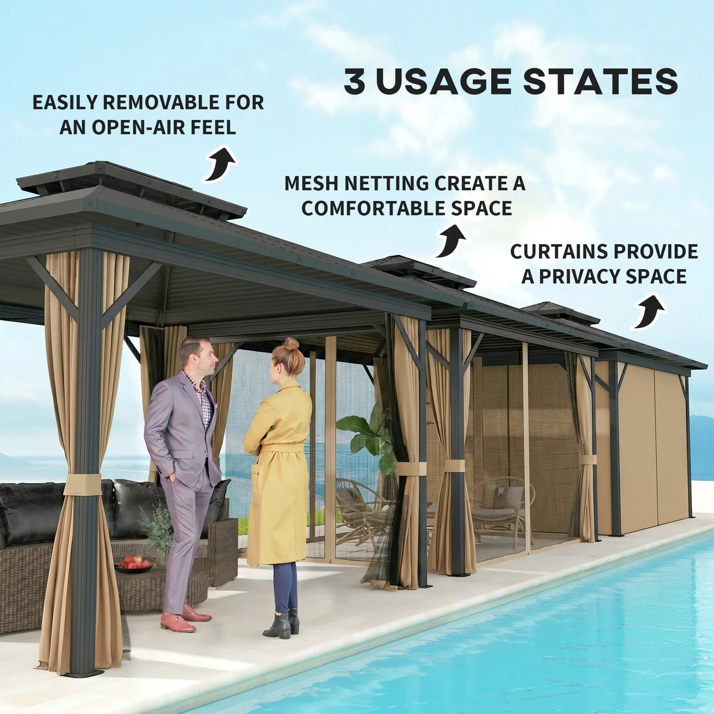 10' x 12' Hardtop Gazebo, Double Tier Roof, Mosquito Net, Dark Brown Gazebos at Gallery Canada
