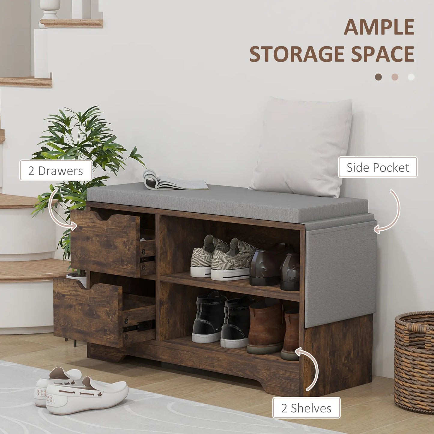 Upholstered Shoe Storage Bench, Seat w/ Drawer, Rustic Brown Shoe Storage Cabinets & Racks at Gallery Canada