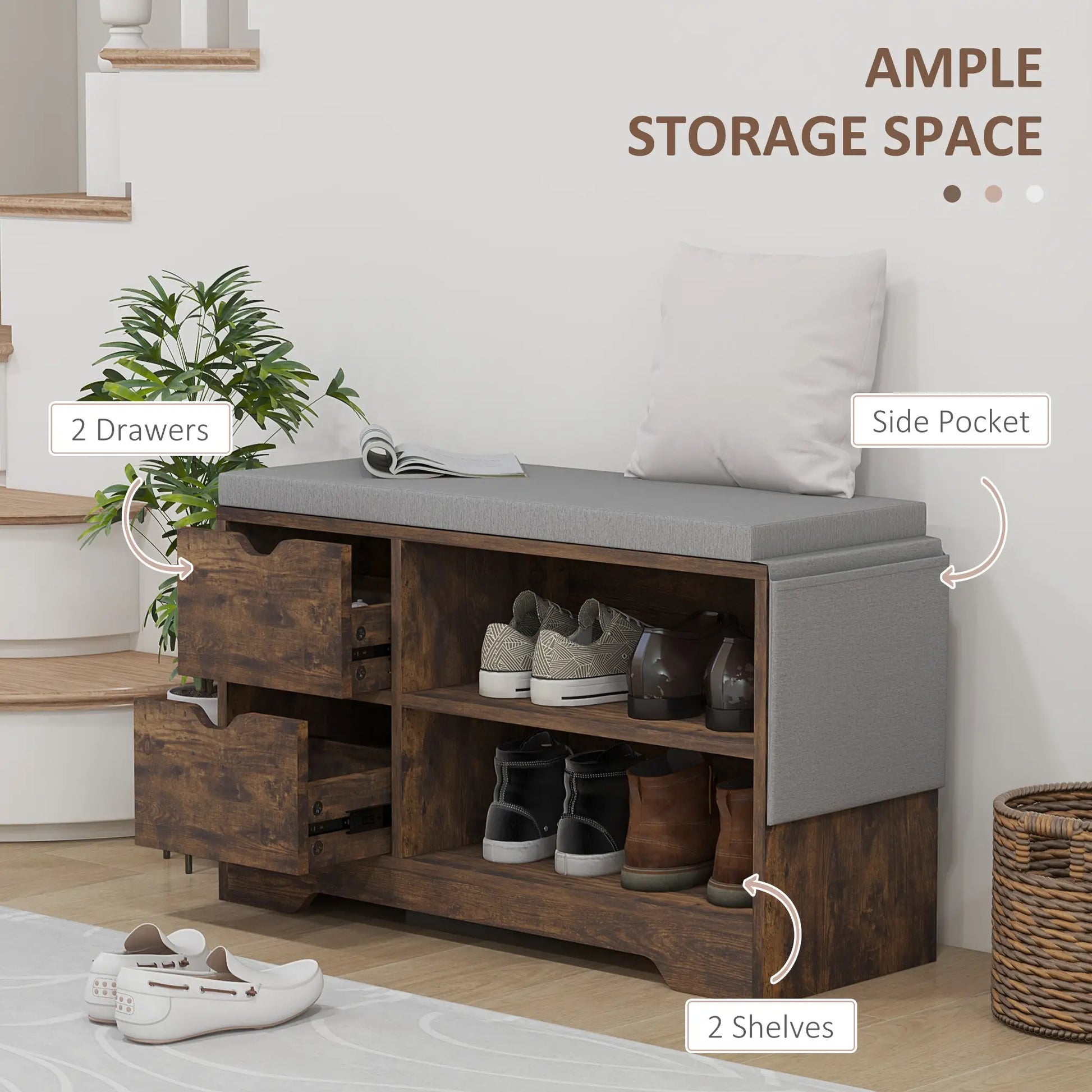 Upholstered Shoe Storage Bench, Seat w/ Drawer, Rustic Brown Shoe Storage Cabinets & Racks at Gallery Canada