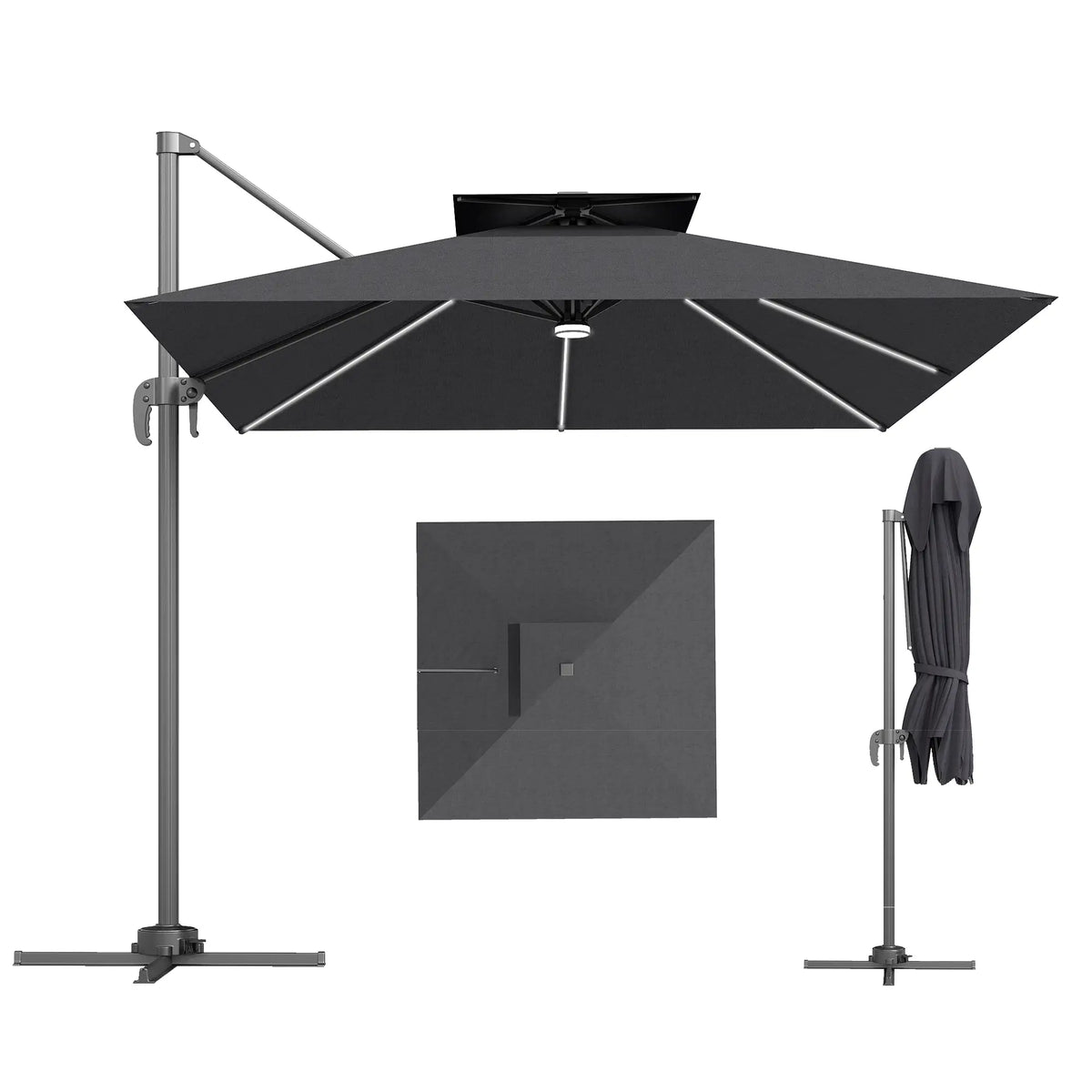 Parapluie de terrasse en porte-à-faux de 8', lumières LED, rotation à 360°, gris foncé