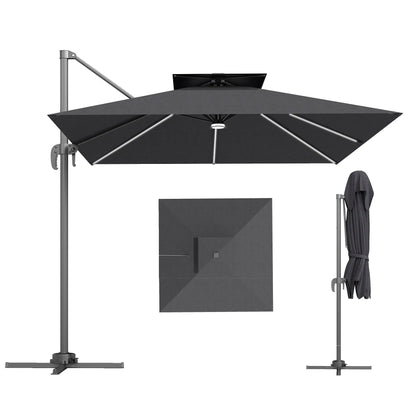 Parapluie de terrasse en porte-à-faux de 8', lumières LED, rotation à 360°, gris foncé