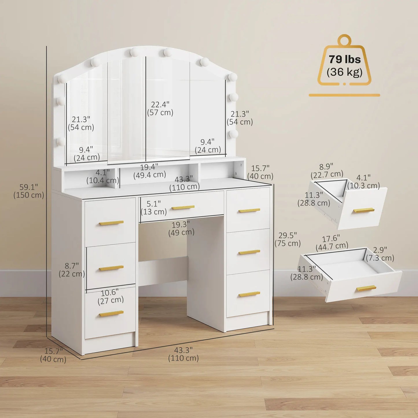 Makeup Vanity with Mirror, 10 LED Lights, 3 Color Adjustable, 7 Drawers, White Dressing & Vanity Tables at Gallery Canada