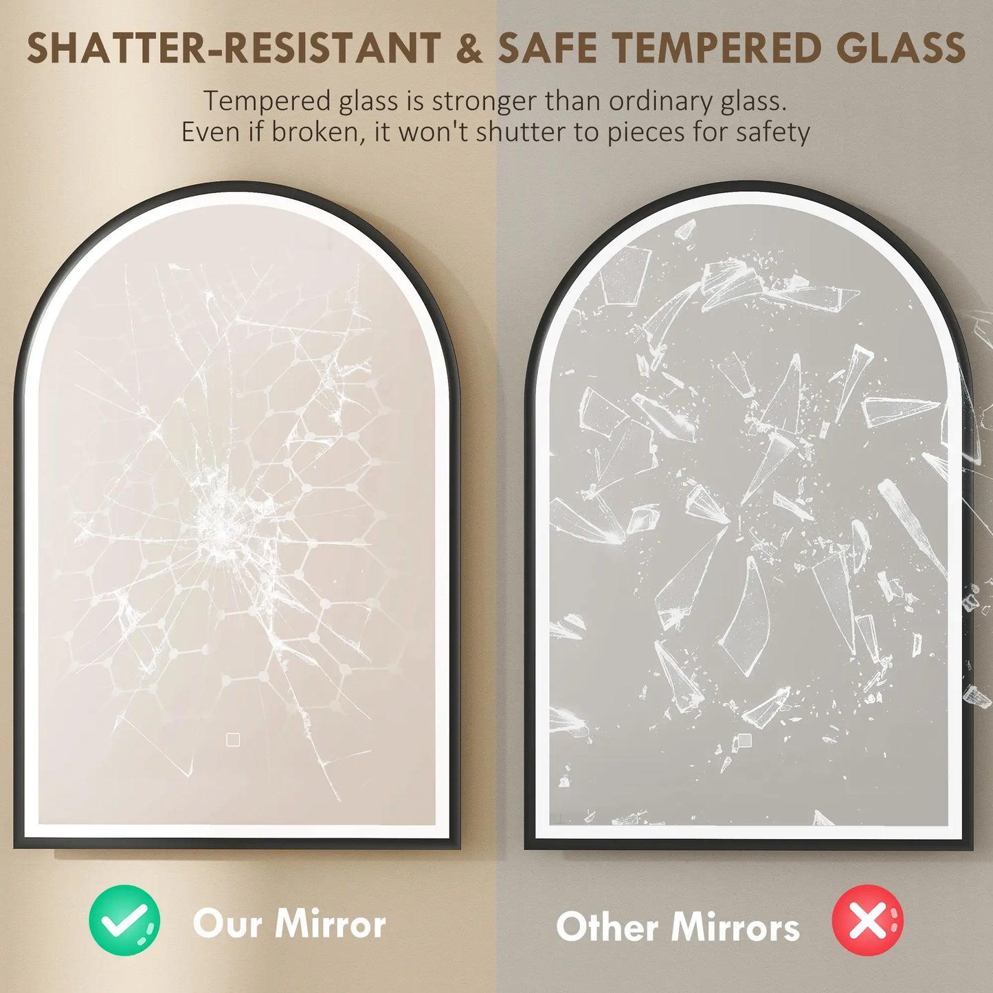 24" x 36" LED Bathroom Mirror, Arched Tempered Glass, Anti-Fog, Dimmable, Black Bath Accessories at Gallery Canada