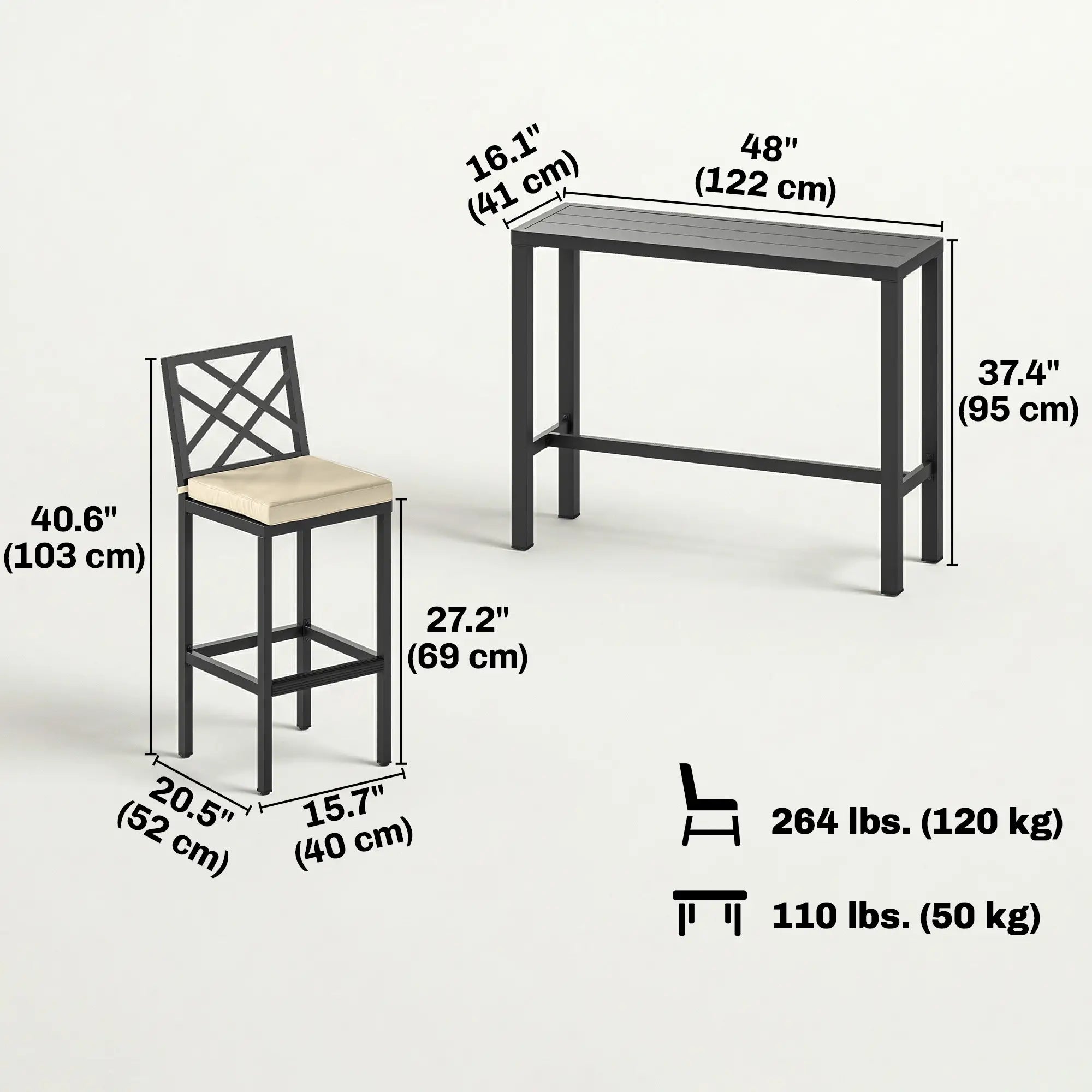 3 Piece Patio Bar Set, Outdoor Bar Table and Stools, Electrophoresis Steel Tabletop, X Back, Footrest, Cushions, Khaki Bistro Sets at Gallery Canada