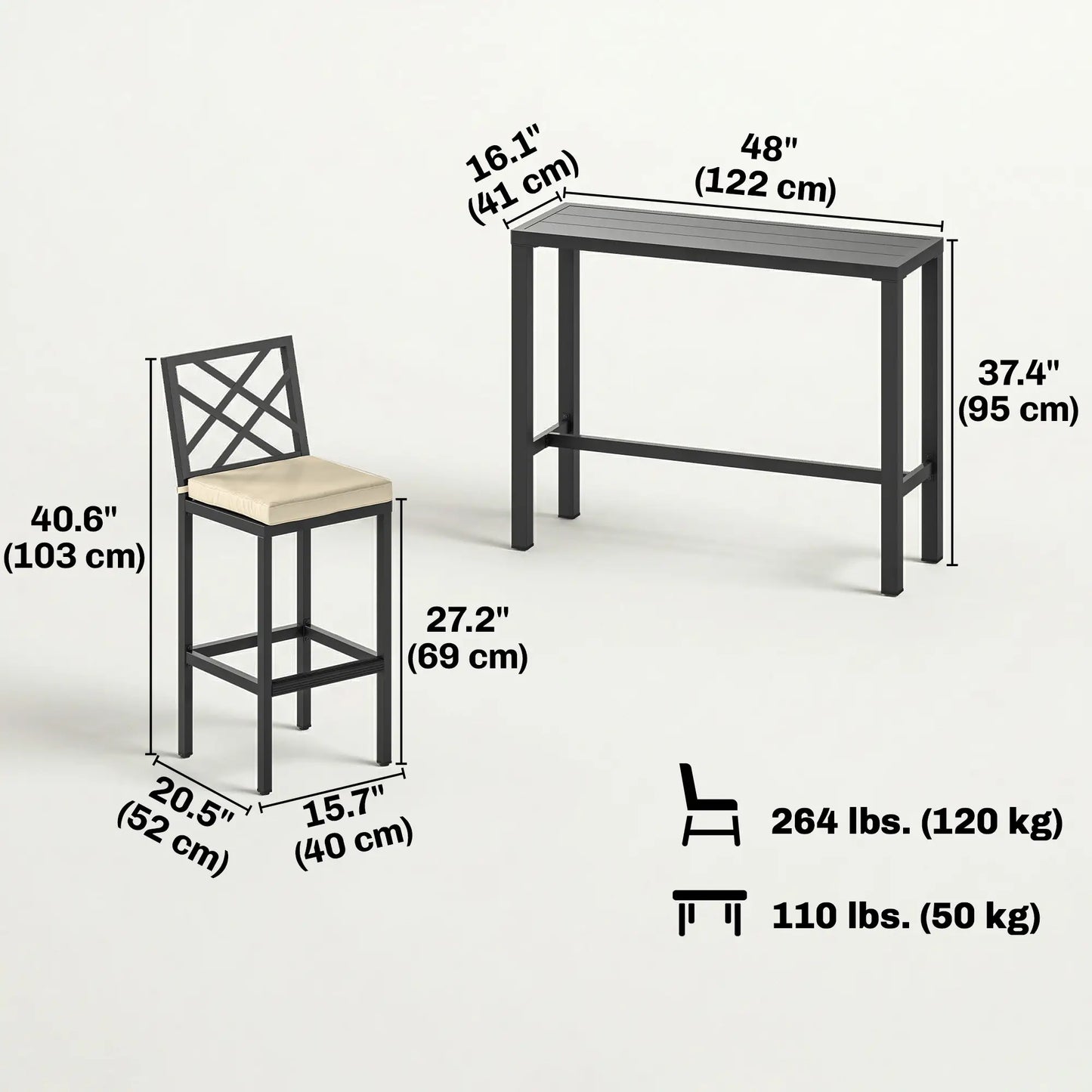3 Piece Patio Bar Set, Outdoor Bar Table and Stools, Electrophoresis Steel Tabletop, X Back, Footrest, Cushions, Khaki Bistro Sets at Gallery Canada