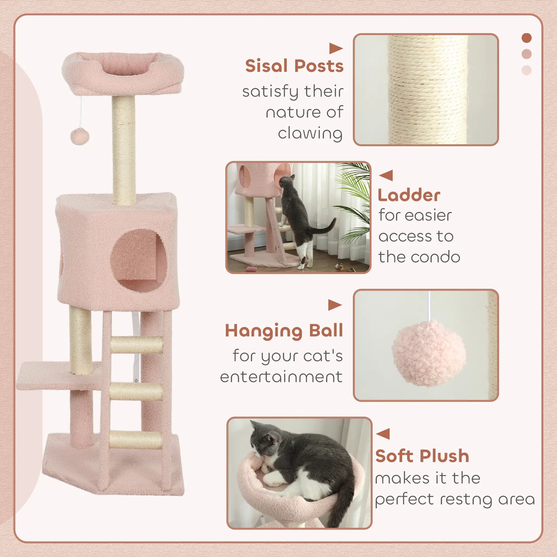 47" Tall Cat Tree Tower, Condo, Ladder, Scratching Posts, Pink Cat Trees at Gallery Canada