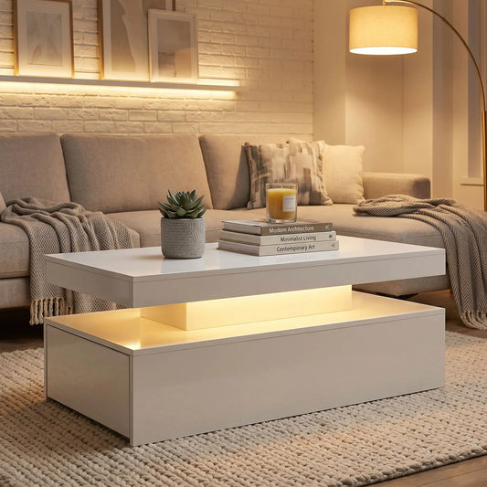LED Coffee Table With Storage, 2-Tier, White Coffee Tables High Gloss White at Gallery Canada