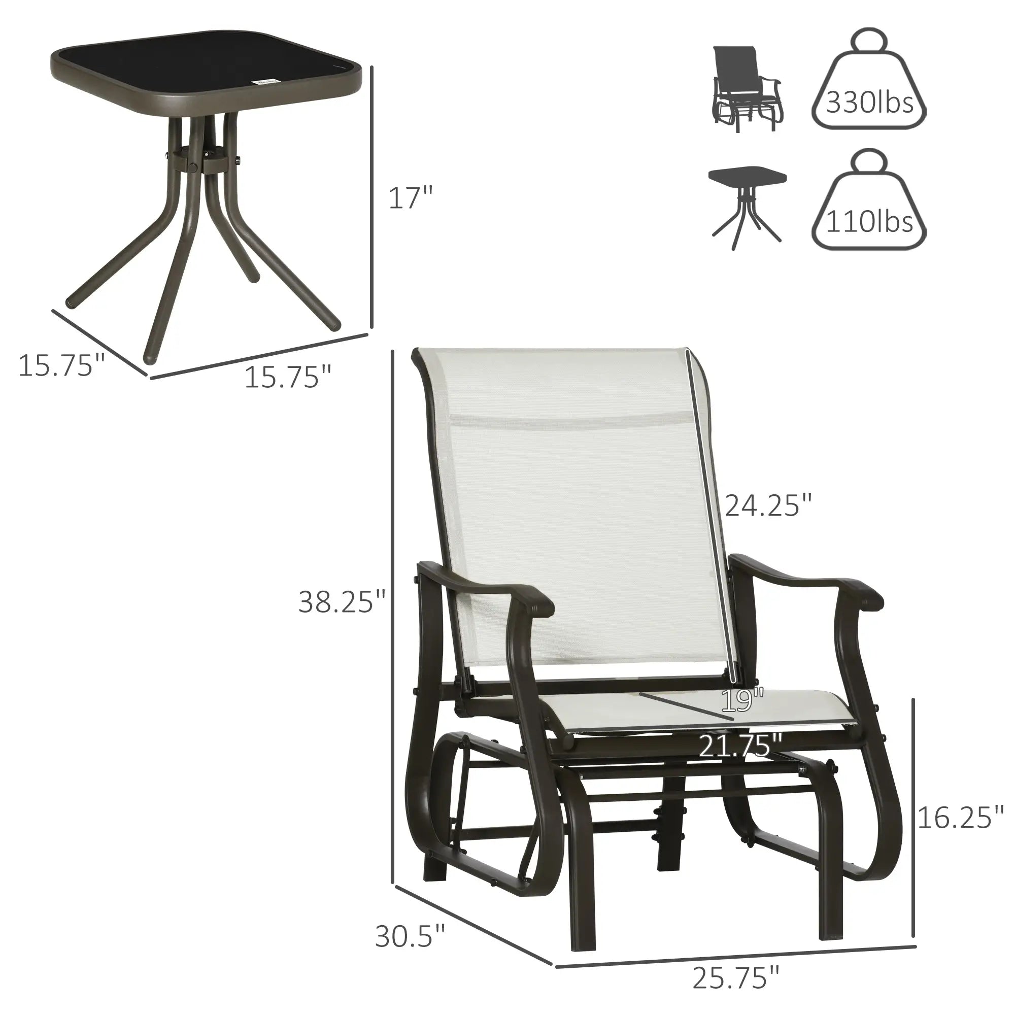 3PCs Gliding Rocking Chair, Bistro Tea Table Set, White Cream Outdoor Gliders at Gallery Canada