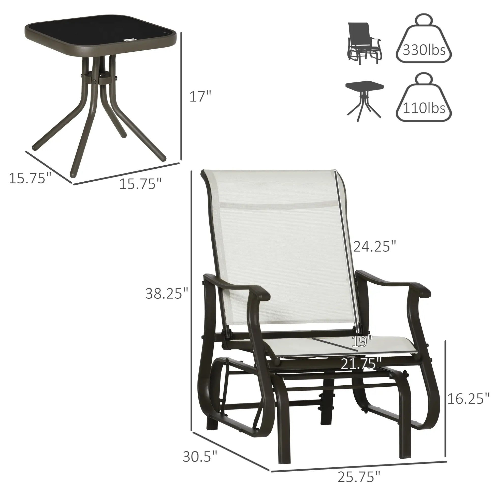 3PCs Gliding Rocking Chair, Bistro Tea Table Set, White Cream Outdoor Gliders at Gallery Canada