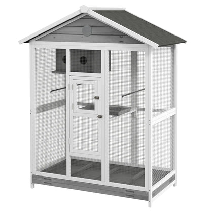 65" Large Bird Cage, Wooden Aviary, 2 Doors, Standing Pole, Grey Bird Cages at Gallery Canada