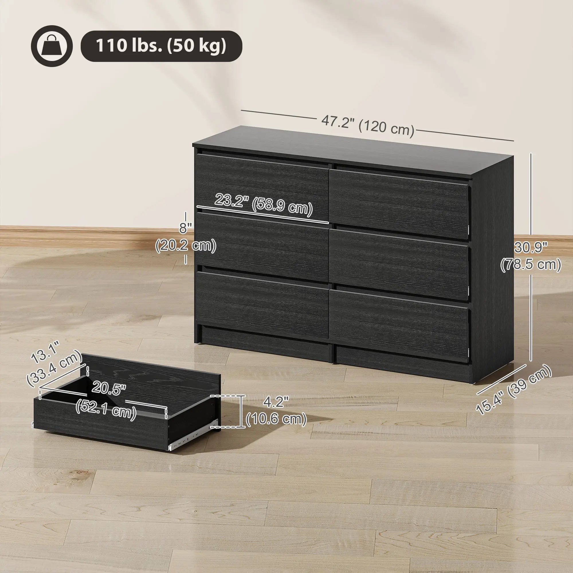 Wide 6 Drawer Dresser, Modern Clothes Storage Organizer, Black Storage Cabinets at Gallery Canada