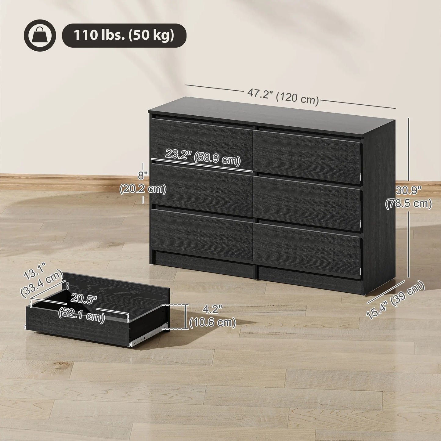 Wide 6 Drawer Dresser, Modern Clothes Storage Organizer, Black Storage Cabinets at Gallery Canada