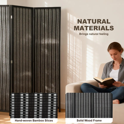 3 Panel Folding Privacy Screen, Handwoven Bamboo Pine Wood Frame, Black Room Dividers at Gallery Canada