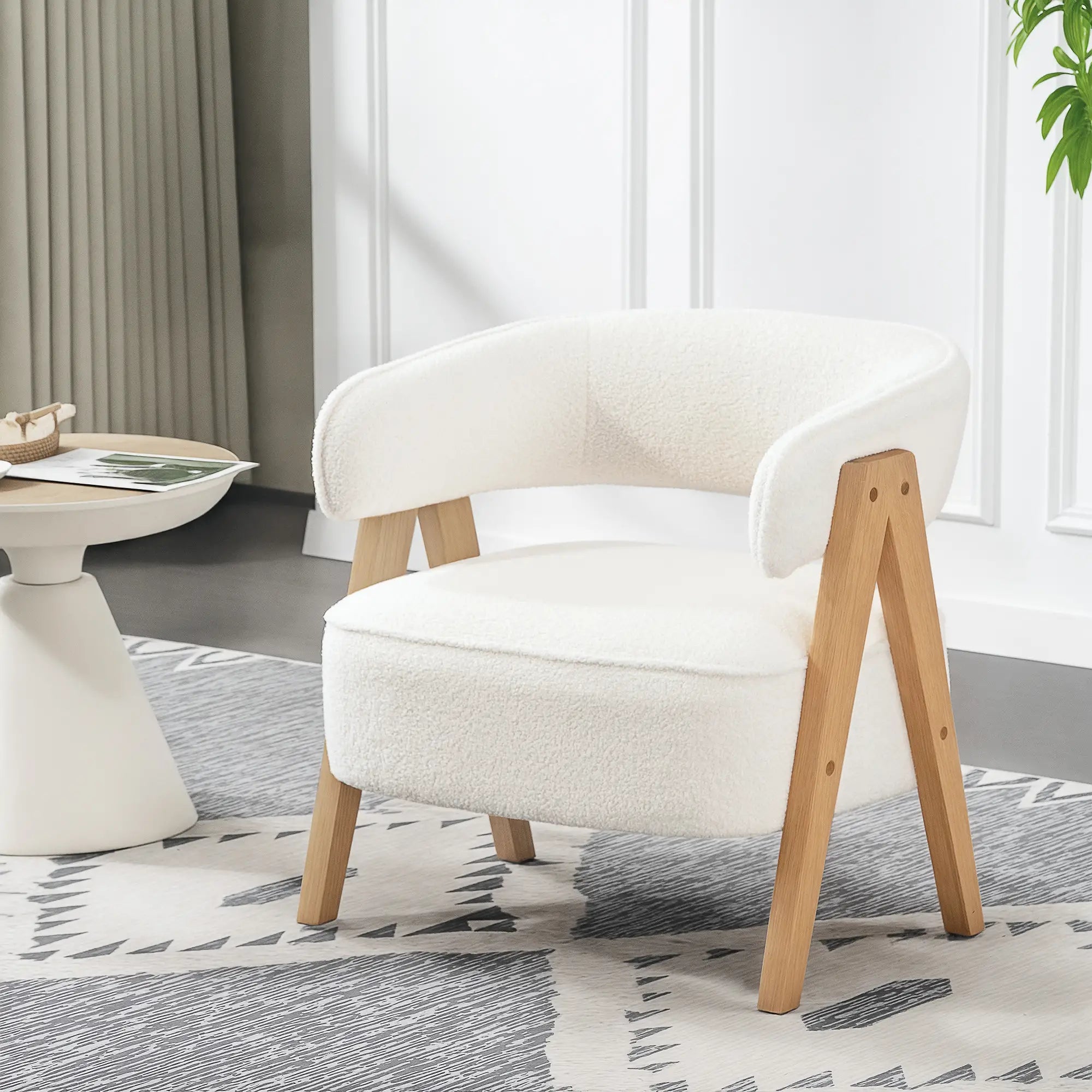 Sherpa Fleece Accent Chair, Upholstered Armchair with Wood Legs, White Accent Chairs at Gallery Canada