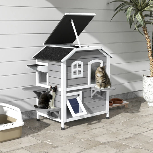 2-Storey Outdoor Cat House, Wooden Catio, Openable Roof, Grey Cat Houses Grey and White at Gallery Canada